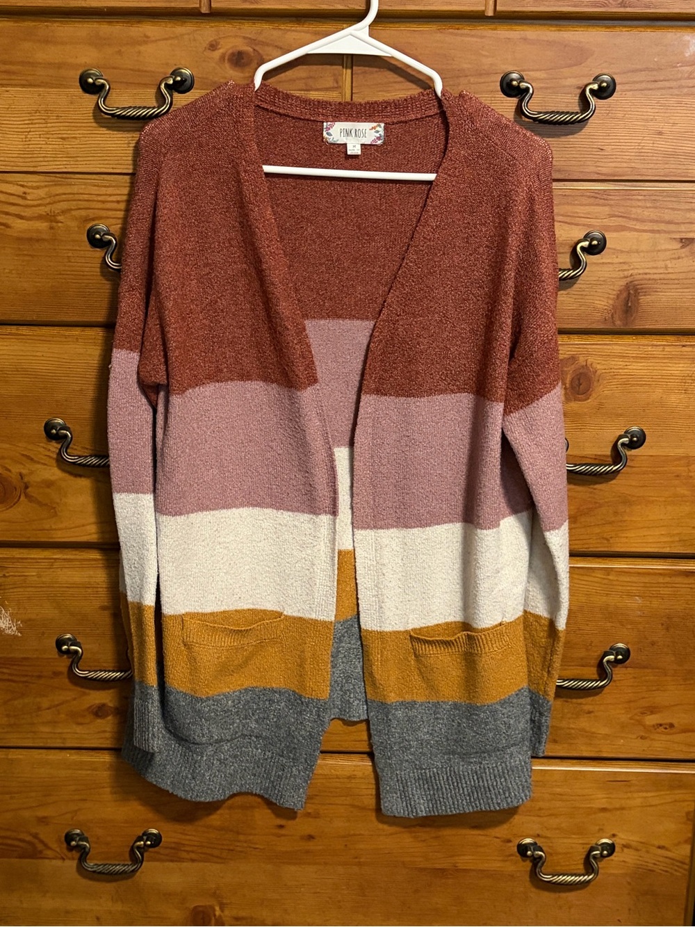 Pink Rose Striped Open-Front Cardigan in Rust, Pink & Mustard